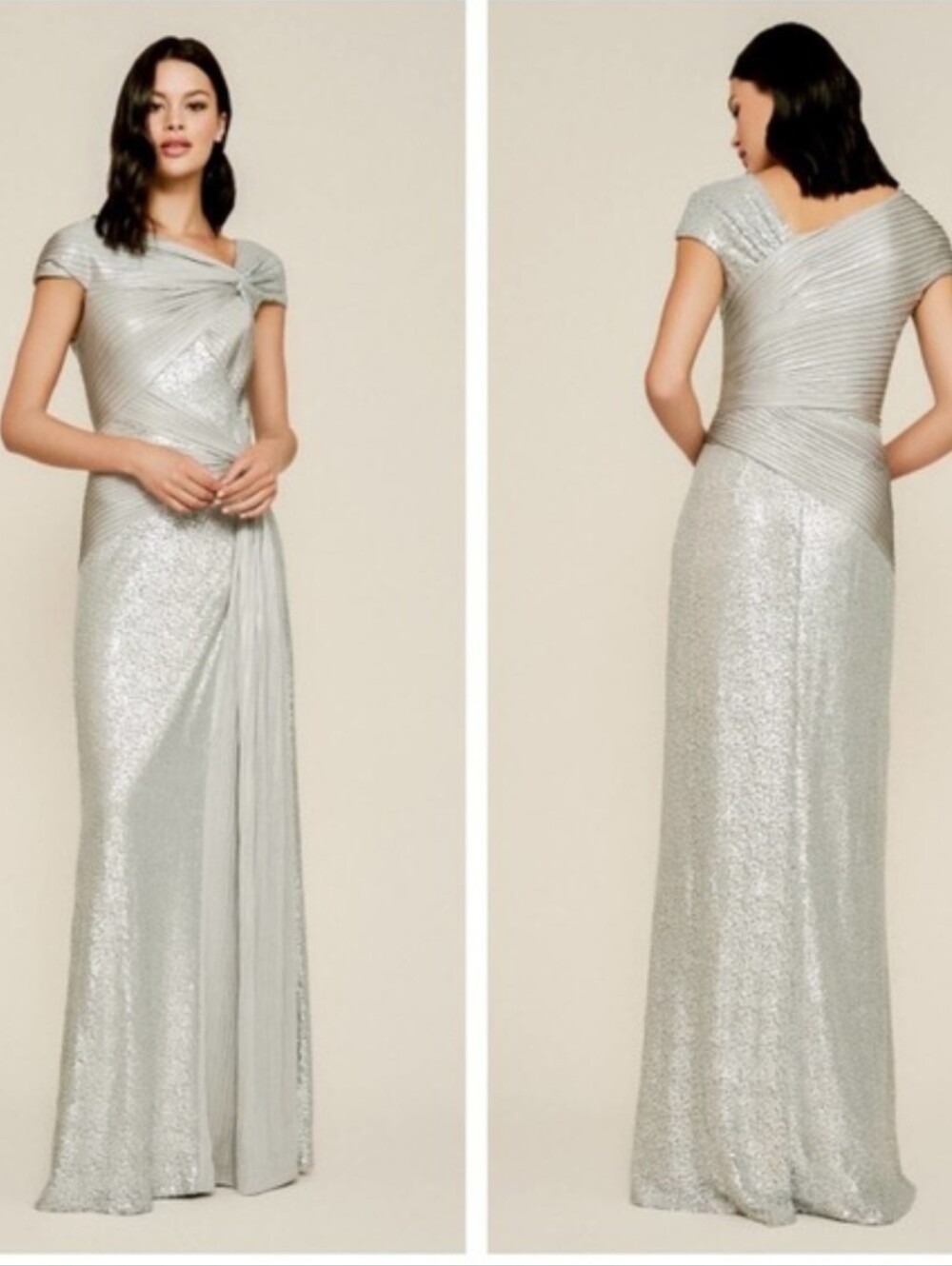NWT $558 Tadashi Shoji Parma Draped Sequin Gown Silver Women's Medium Evening - Picture 2 of 12
